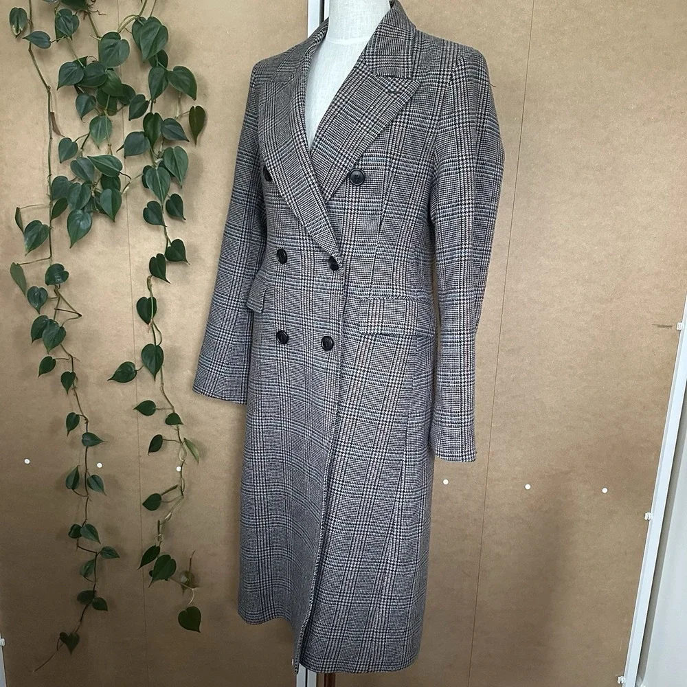 UNIQLO Ines de la Fressange IDLF Double Breasted Plaid Tweed Coat M Wool New - Picture 5 of 14